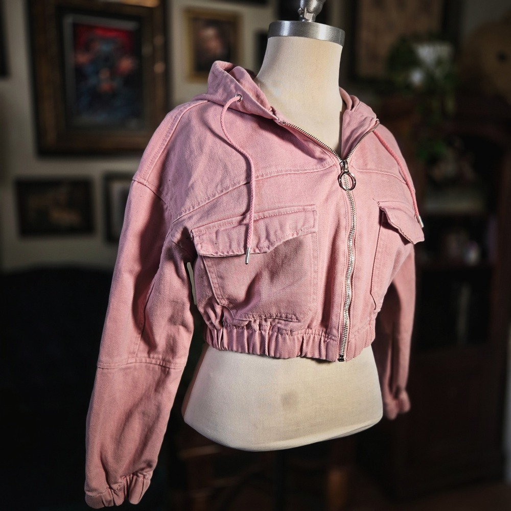 Stoosh Vintage Denim Jacket Pink Cropped Hoodie Zip Front Utility Womens Small